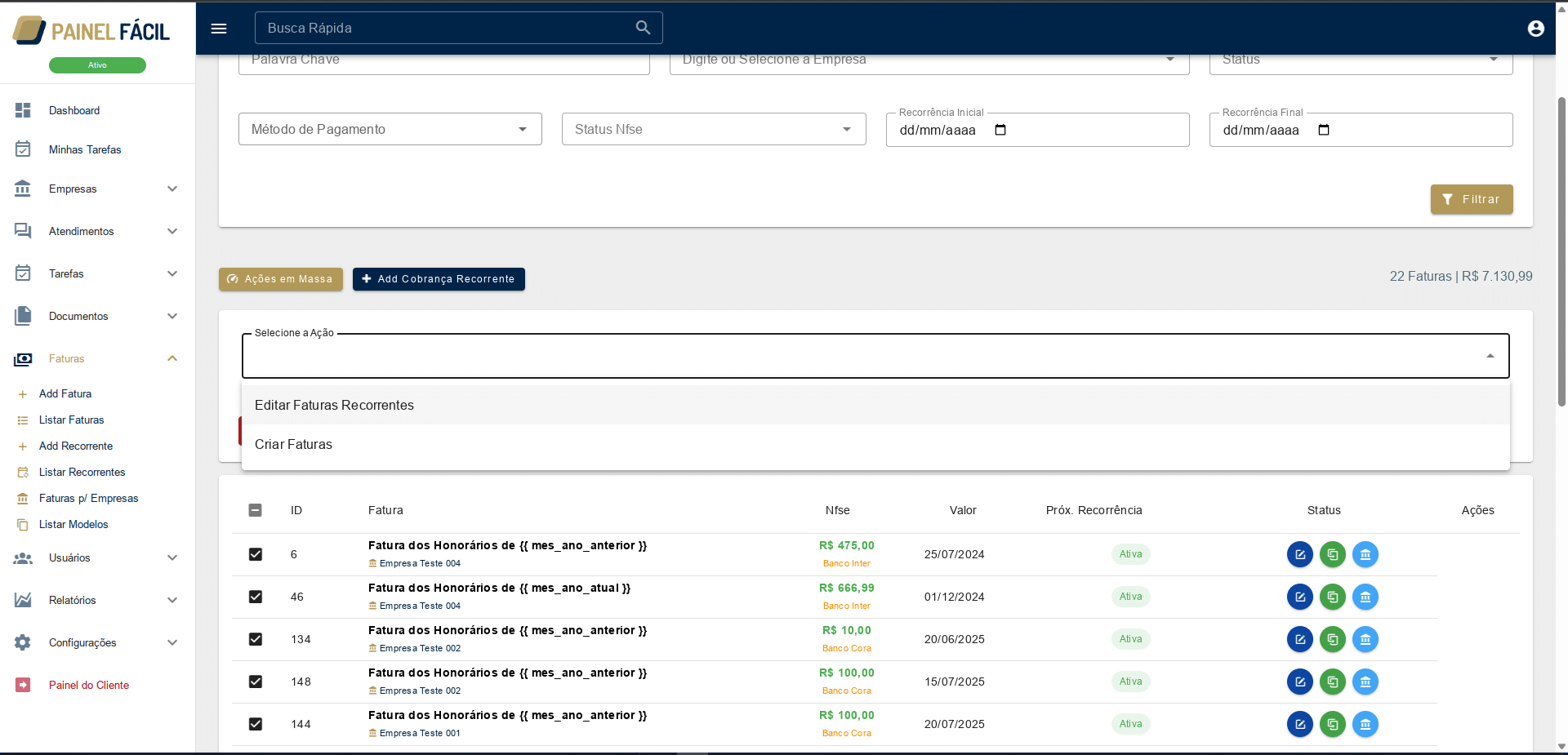 Editar Faturas Recorrentes